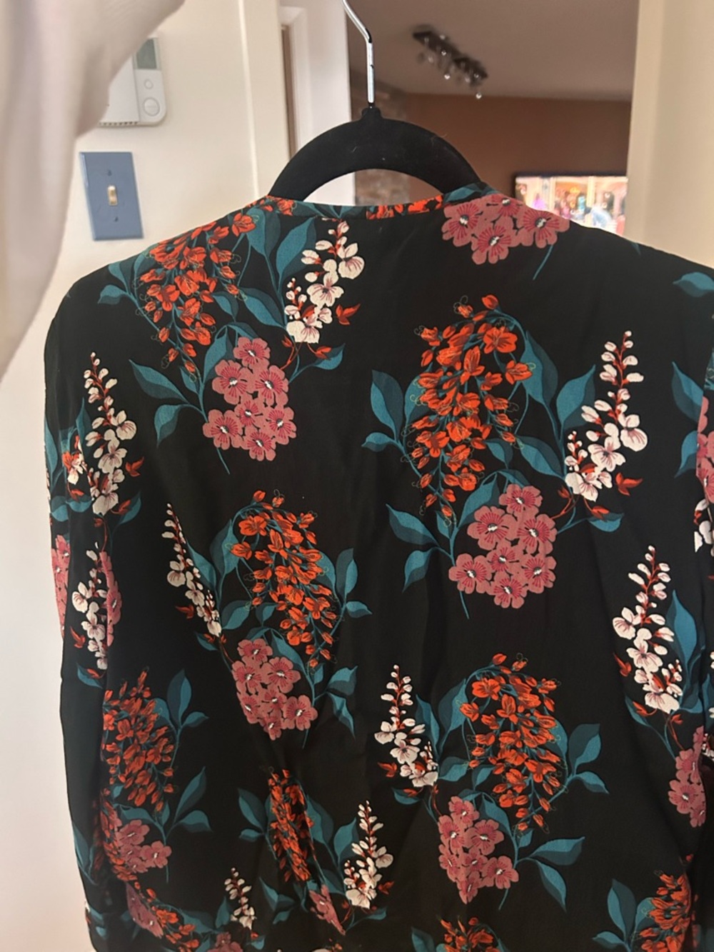 Massimo Dutti Black Button-Up Top with Pink Floral Embroidery